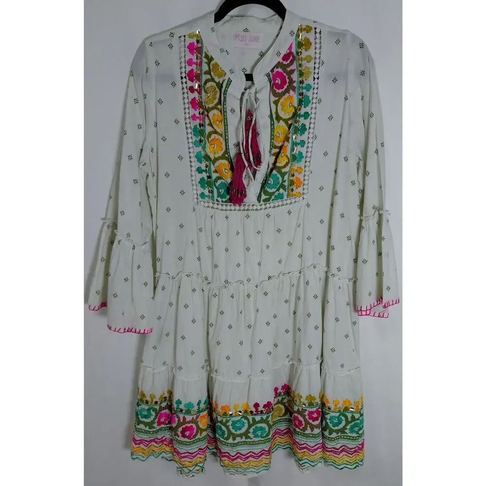 Miss June Paris White Boho Bell Sleeve Tiered Dress See Measurements